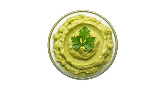 Creamy green guacamole in a clear bowl garnished with a fresh parsley sprig, isolated on a transparent background, cutout, PNG