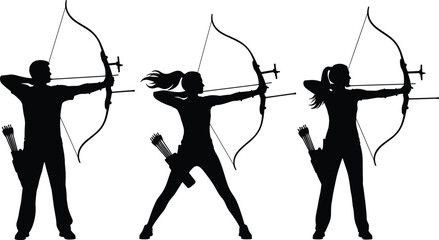 Archery athlete silhouettes, bow and arrow poses, professional archer illustration set, target shooting concept, sports training graphic collection, precision skill artwork © Su Joy Creatives