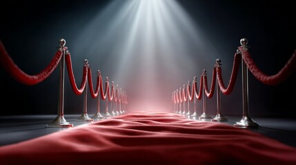 A luxurious red carpet rolls out, lined by polished stanchions and ropes. A dramatic spotlight shines down, enhancing the atmosphere of elegance and excitement for a glamorous occasion