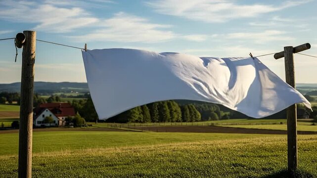 White Laundry Drying on a Clothesline in a Scenic Rural Landscape with Green Fields and Blue Sky.