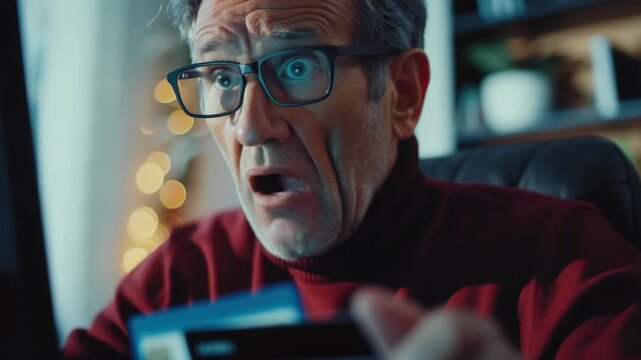 An elderly man in glasses is surprised by something he sees on his computer screen while working at home. He has a red sweater and sits in front of a blurred Christmas tree with lights behind him.