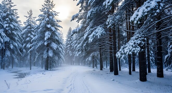 Snowy forest path winds through pine trees with footprints and stream under soft winter light - Powered by Adobe