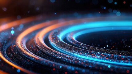 An abstract digital rendering of swirling, circular paths made of glowing particles. The paths are illuminated with vibrant blue and orange light, creating a se