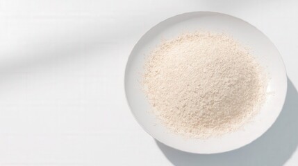 Oat flour on a clean white plate close-up view of light beige powder. Generative AI