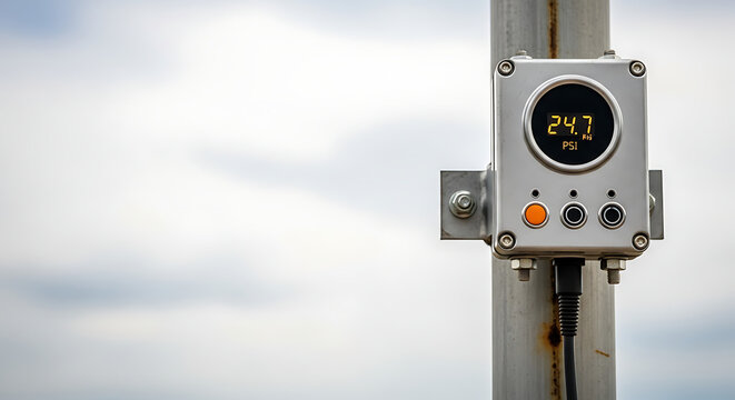Industrial pressure gauge showing 24.2 PSI, secured to weathered metal pole outdoors, perfect for monitoring systems. Industrial pressure gauge displays data from outdoor monitoring equipment.