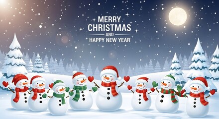 Eight cheerful snowmen with scarves and hats stand under moonlit sky with falling snow and pine trees