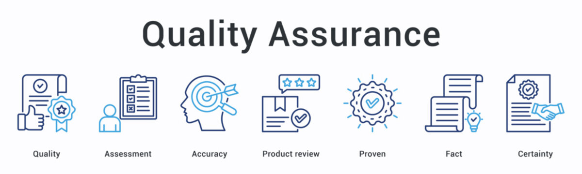 Quality assurance banner web icon evaluates accuracy through product reviews with proven facts ensuring certainty standards.