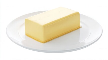 Butter block on white plate isolated on white background. Generative AI