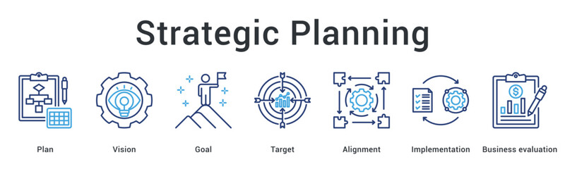 Strategic planning banner web icon outlines vision and goals with target alignment for implementation success. © gibranicon
