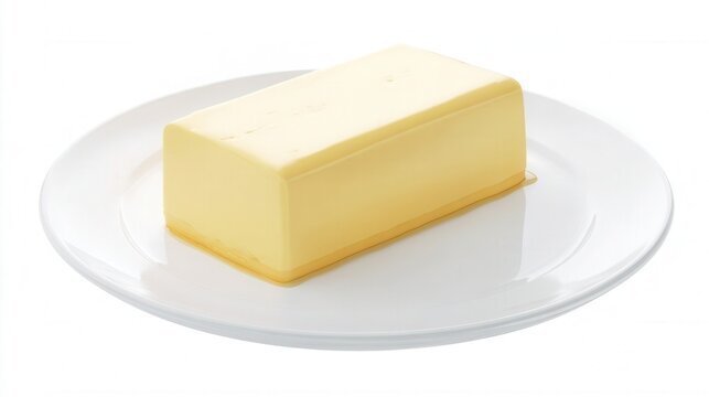 Butter block on white plate isolated on white background. Generative AI