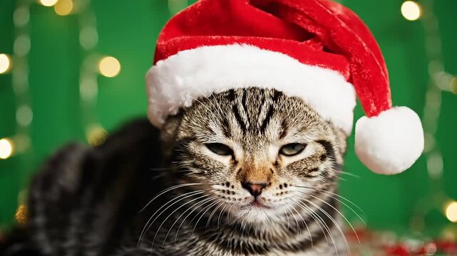 Festive tabby cat wearing a Santa hat, looking slightly grumpy amidst blurred holiday lights.