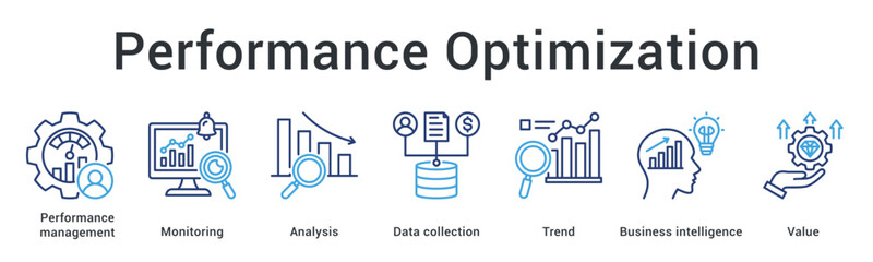 Performance optimization banner web icon tracks monitoring and analysis through data collection revealing trends and intelligence.