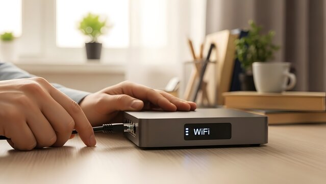 Man connecting ethernet cable to a wireless router on a wooden desk. Global internet connectivity for home or office network concept.