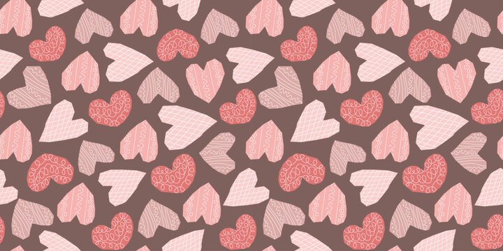 Vintage seamless pattern with different hearts. Imperfect hand drawn painted hearts retro background. Print for textiles, packaging, paper, vector graphics