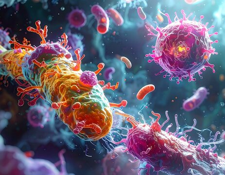 Microscopic view of colorful, complex biological cell structures