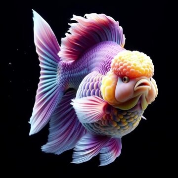 Artistic Close-up of a Fantasy Oranda Goldfish with Vibrant Lavender and Yellow Textures