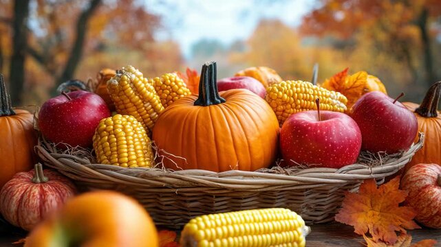 Colorful autumn harvest arrangement with pumpkins, apples, and corn in a rustic basket surrounded by fallen leaves