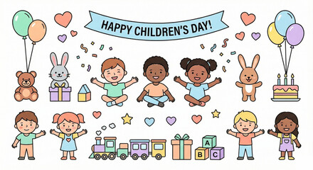 Cute Happy Children's Day Cartoon Illustration Set with Kids, Animals, Toys, and Party Elements