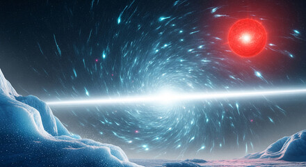 Icy landscape view with a red star and cosmic stream in the dark sky, showcasing cosmic event, space, mystery, perfect for science fiction or astronomy themes
