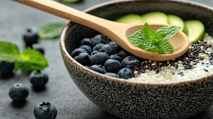 A close-up shot of a healthy breakfast bowl filled with blueberries, quinoa, chia seeds, and topped with fresh mint and sliced apple. A wooden spoon rests on th