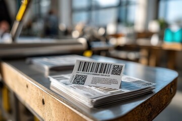Barcode sticker sheet is organized on a printing table in a well-lit workspace during a production process