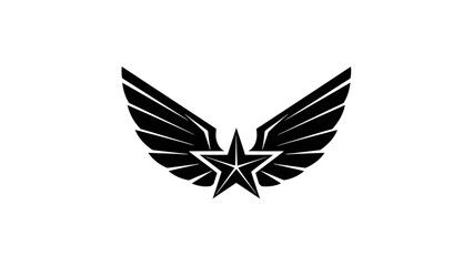 A stylized black star with wings on a white background.