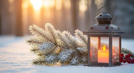 Rustic lantern with glowing candle sits on snowy ground beside frosted evergreen and red berries