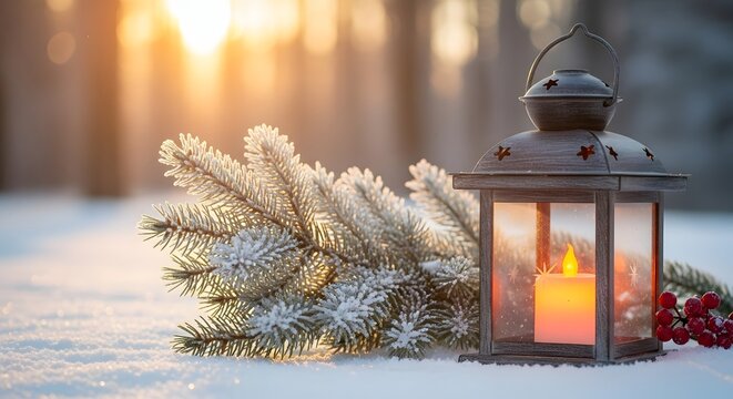 Rustic lantern with glowing candle sits on snowy ground beside frosted evergreen and red berries