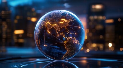 Globe illuminated with glowing lines representing global connections over oceans at nightfall
