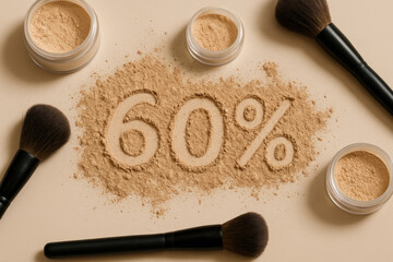 Makeup powders and brushes creating a bold display of 60 percent on a flat surface