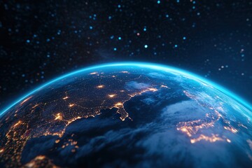 Digital Earth projection showing global connections in bright lights and detailed landscapes from space at night