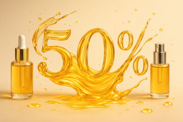 Eye-catching display of beauty oils with bold 50 percent splash on neutral background