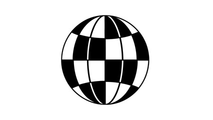A black and white checkered sphere with grid lines representing a globe.
