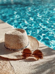 Straw hat and sunglasses relaxing by swimming pool on summer vacation