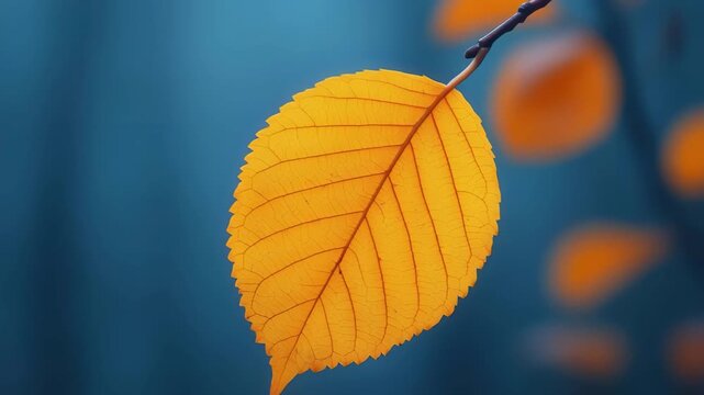 Vibrant orange leaf hanging from branch against a soft blue background in early autumn setting