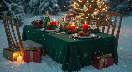 Snowy outdoor Christmas dinner table with festive decorations  