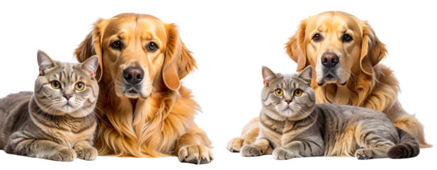 Golden Retriever and British Shorthair Cat Lying Together — Transparent Background PNG