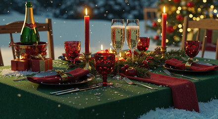 Festive outdoor Christmas dinner table with red decorations and candles