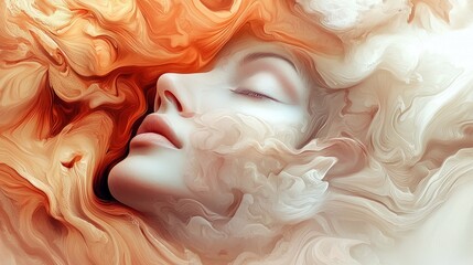 Close-up profile of a woman's face with eyes closed, surrounded by abstract, swirling patterns of orange and white smoke or light. The mood is serene and ethere
