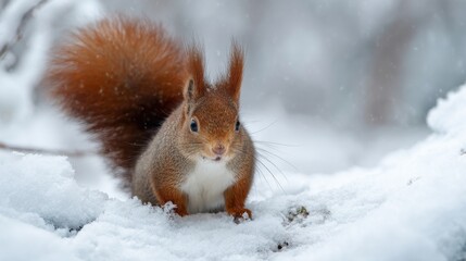 close-up of a red squirrel sitting on fresh white snow, detailed fur, tiny paws, fluffy tail and soft winter light. High-resolution wildlife scene with crisp cold atmosphere.