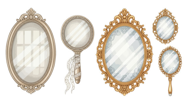 Collection of ornate vintage gold mirrors and handheld vanity mirrors with decorative frames and lace details.