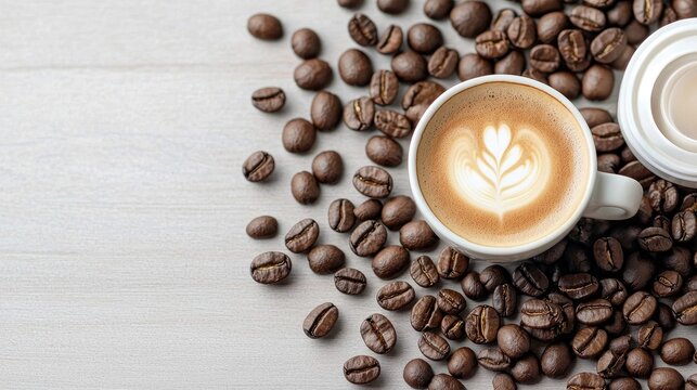 A white cup of coffee with intricate latte art sits on a light-colored wooden surface, surrounded by scattered roasted coffee beans. A white lid is partially vi