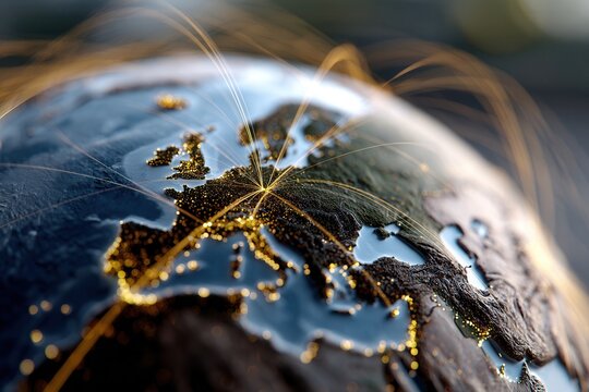 Visual representation of global air and sea transport routes connecting major cities around the world illuminated at night