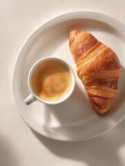 Fresh Croissant and Espresso Coffee in White Plate on Light Surface