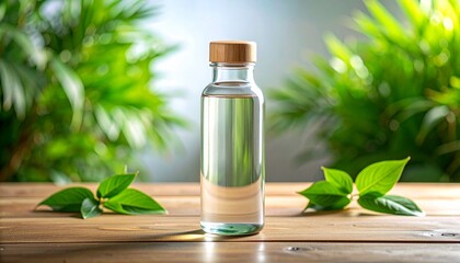 Clear Glass Water Bottle on Wooden Table with Green Tropical Leaves &mdash; Natural Hydration Concept