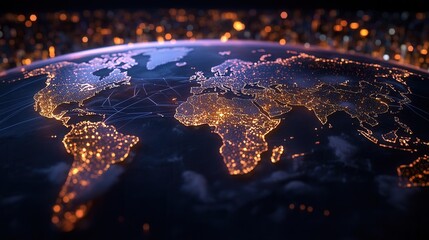 World map with glowing connections representing major cities and networks around the globe at night