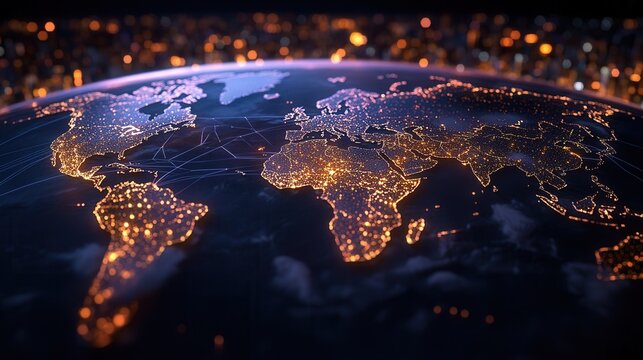 World map with glowing connections representing major cities and networks around the globe at night