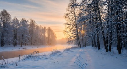 Snowy river winds through forest at sunrise with footprints mist and warm light in serene winter scene