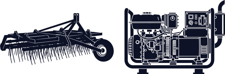 Obraz premium Silhouette of Agricultural Tiller and Generator on White Background Keywords: tiller, cultivator, farm equipment, soil preparation