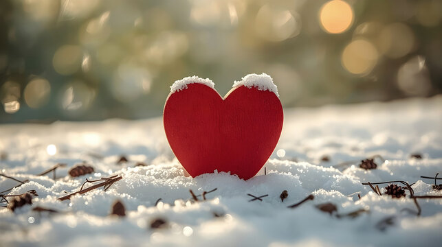 Red wooden heart in winter snow with warm golden bokeh, romantic holiday background